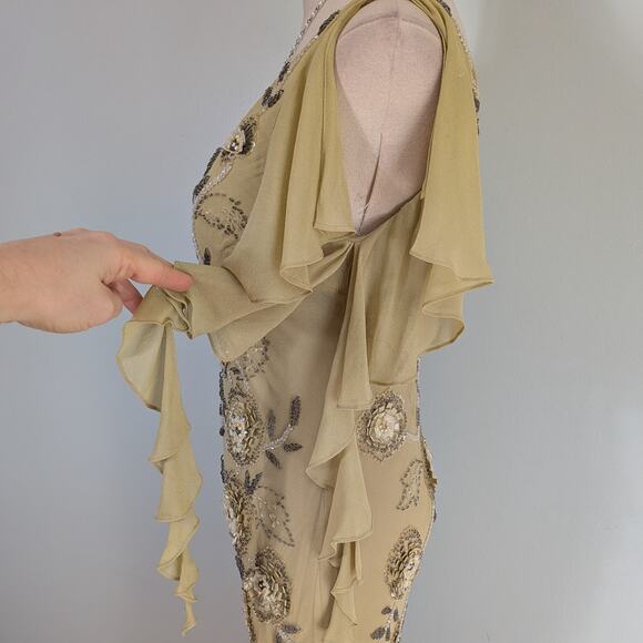 Vintage Sue Wong Silk Maxi Dress Gown 10 Green Y2K Fairy Floral Bead Grunge - Picture 4 of 16